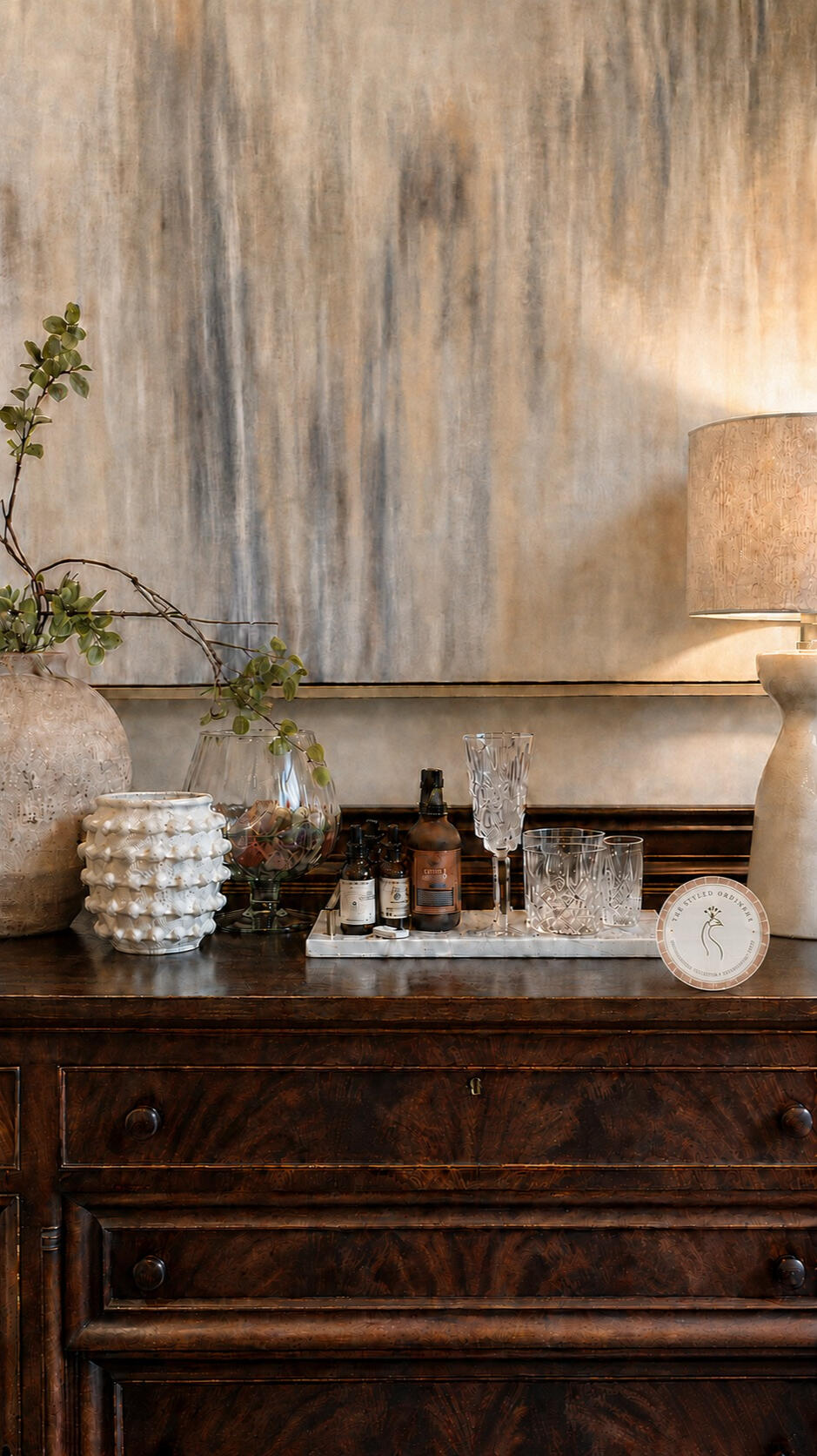 Antique buffet with new and vintage decor items styled by "The Styled Ordinary"